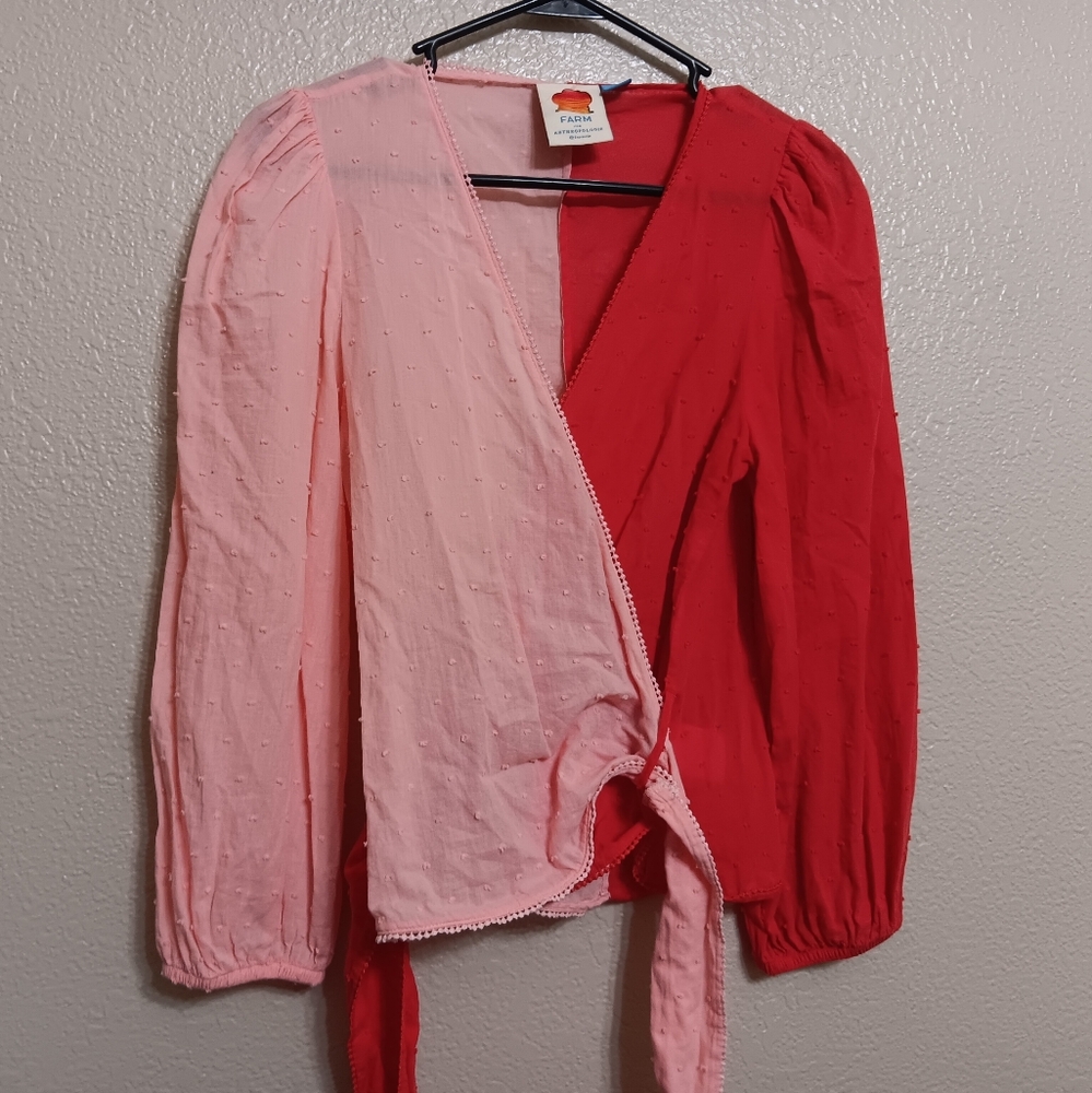 Farm Rio Pink Red Colorblock Swiss Dot Wrap Top - Picture 3 of 6